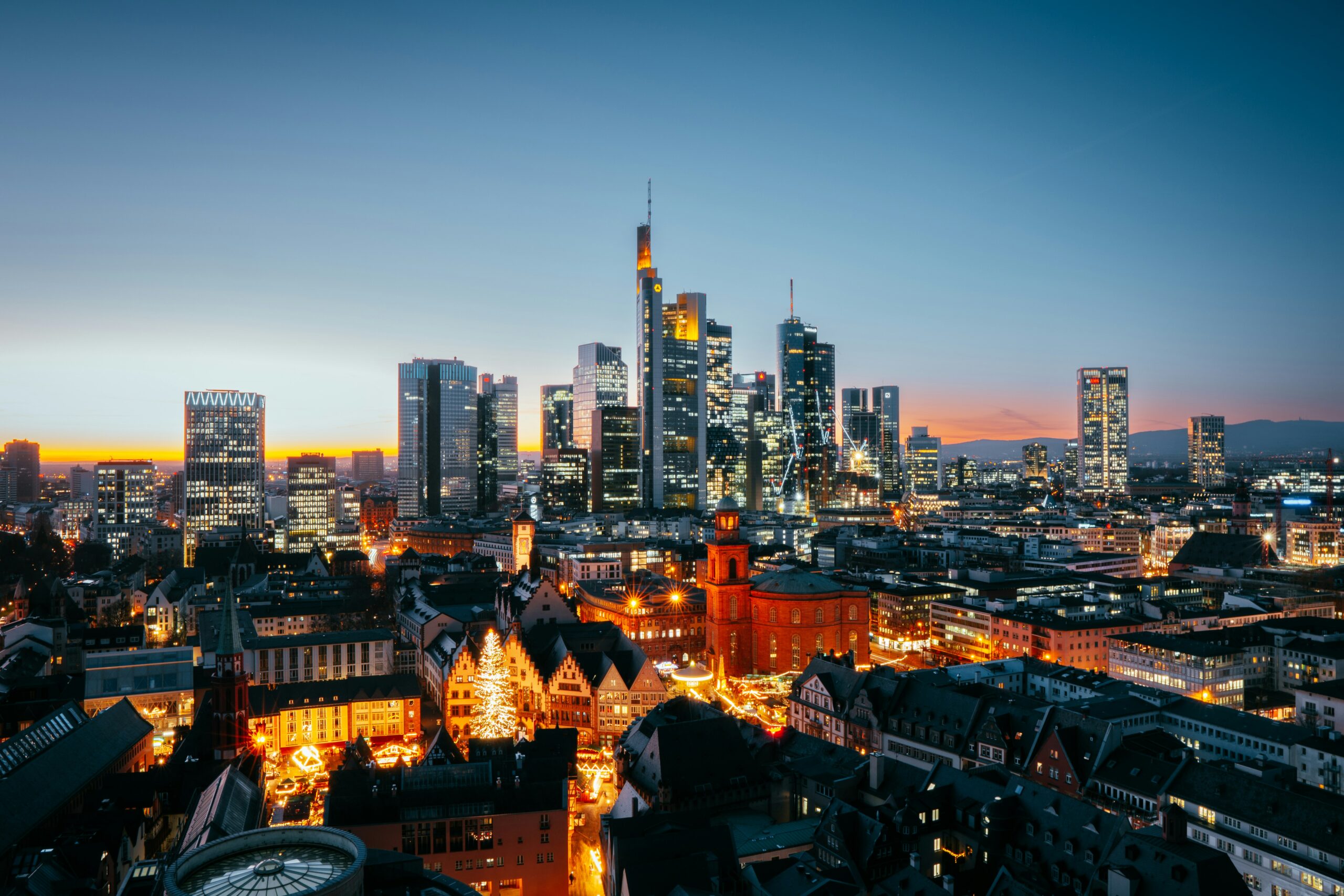 The city skyline of Frankfurt, Germany at sunset. 